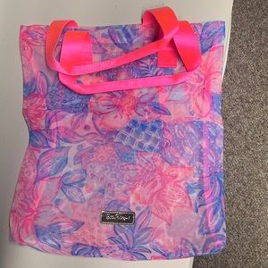Lilly Pulitzer mesh beach tote PINK ISLE SNAPPY TURTLE